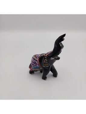Black Lacquered Miniature Elephant With Colorful Design Hand Painted 2-3/4 In.